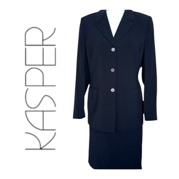 Kasper Petite Black 2pc Career Skirt Suit Skirt & Blazer Jacket Stretch Crepe 8P - Picture 2 of 16